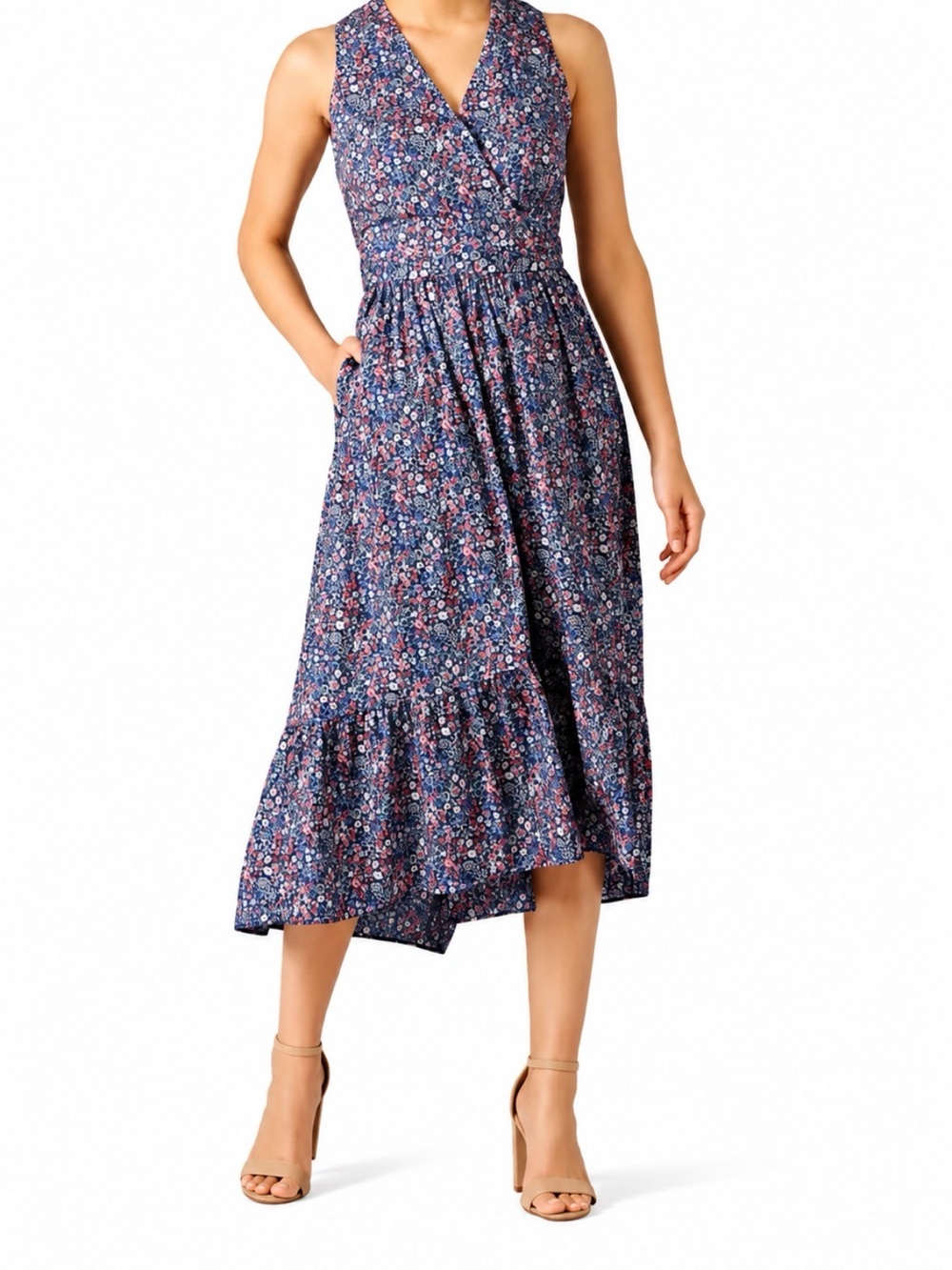 J.Crew Liberty Fabric Floral Wrap Midi Dress Size 0 Blue Sleeveless Pockets